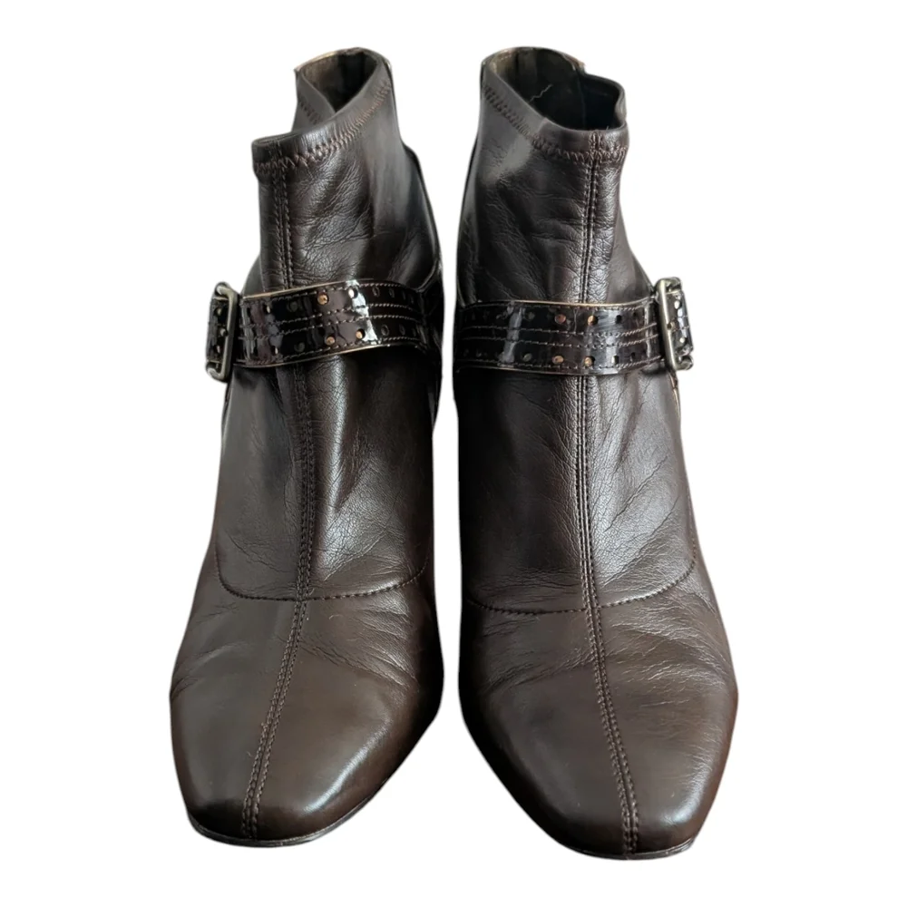 Women’s Dark Brown Leather Ankle Booties with Buckle Detail